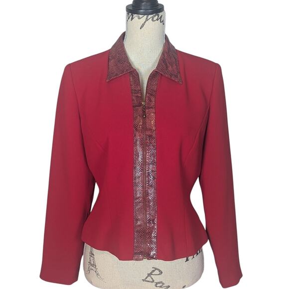 90s Vintage Donna Morgan Zip Blazer Red with Animal Print Size 10 P - Picture 1 of 13